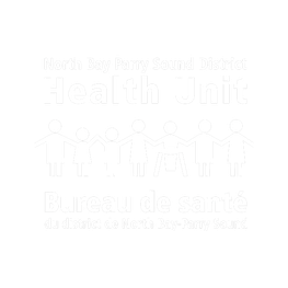 Icon of seven human characters holding hands in a horizontal line between English and French layers of text that read: North Bay Parry Sound District Health Unit/Bureau de santé du district de North Bay-Parry Sound
