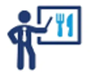 Person icon pointing to a knife and fork on a presentation screen
